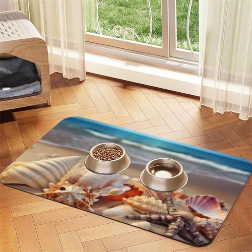 Futtermatte für Haustiere, Muscheln am Sandstrand, 40 x 60 cm, saugfähige Hundematte für Futter und Wassernapf, PU-Leder, Katzenfuttermatte, wasserdicht, schnell trocknend, keine Flecken von FHEBNDS