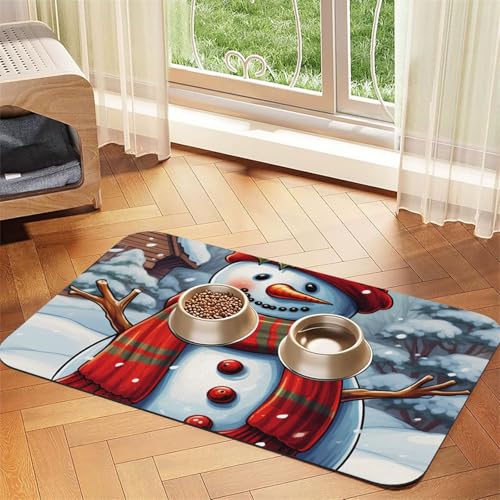 Futtermatte für Haustiere mit rotem Schneemann, 40 x 60 cm, saugfähige Hundematte für Futter- und Wassernapf, PU-Leder, Katzenfuttermatte, wasserdicht, schnell trocknend, keine Flecken von FHEBNDS