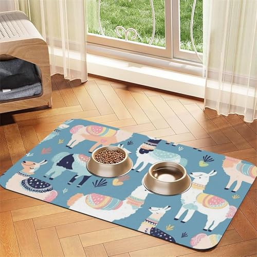 Futternapf-Matte mit Lama-Cartoon-Muster, 30 x 45 cm, saugfähige Hundematte für Futter- und Wassernapf, PU-Leder, Katzenfuttermatte, wasserdicht, schnell trocknend, keine Flecken von FHEBNDS