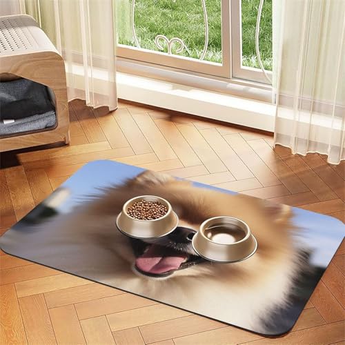 Happy Pomeranian Haustier-Füttermatte, 30 x 45 cm, saugfähige Hundematte für Futter und Wassernapf, PU-Leder, Katzenfuttermatte, wasserdicht, schnell trocknend, Haustier-Platzsets, keine Flecken von FHEBNDS