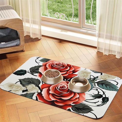 Haustier-Futtermatte mit Blumenmuster, Rosen-Efeu mit Blättern, 40 x 60 cm, saugfähige Hundematte für Futter- und Wassernapf, PU-Leder, Katzenfuttermatte, wasserdicht, schnell trocknend, keine Flecken von FHEBNDS