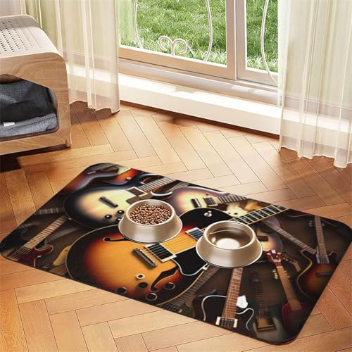 Haustier-Futtermatte mit Musikgitarre, 30 x 45 cm, saugfähige Hundematte für Futter und Wassernapf, PU-Leder, Katzenfuttermatte, wasserdicht, schnell trocknend, Haustier-Tischsets, keine Flecken von FHEBNDS