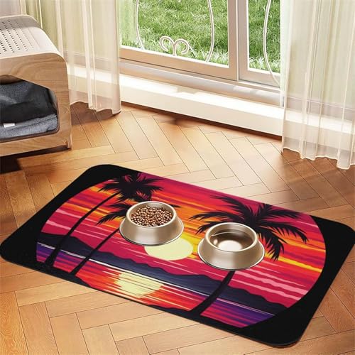 Haustier-Futtermatte mit Palmen-Sonnenuntergang-Design, 40 x 60 cm, saugfähige Hundematte für Futter- und Wassernapf, PU-Leder, Katzenfuttermatte, wasserdicht, schnell trocknend, keine Flecken von FHEBNDS