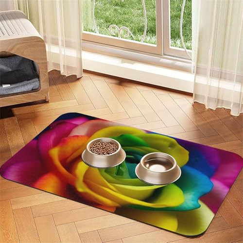 Haustier-Futtermatte mit Regenbogen-Blume, 30 x 45 cm, saugfähige Hundematte für Futter und Wassernapf, PU-Leder, Katzenfuttermatte, wasserdicht, schnell trocknend, Haustier-Tischsets, keine Flecken von FHEBNDS