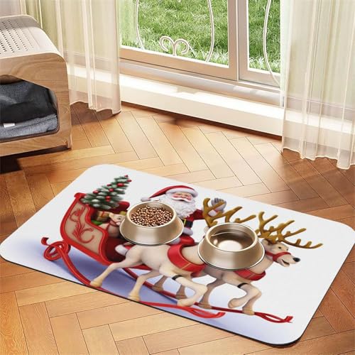 Haustier-Futtermatte mit Weihnachtsmann-Rentierschlitten, 30 x 45 cm, saugfähige Hundematte für Futter- und Wassernapf, PU-Leder-Katzenfuttermatte, wasserdicht, schnell trocknend, Haustier-Tischsets von FHEBNDS