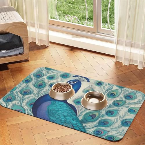 Haustier-Futtermatte mit niedlichem Pfau, 40 x 60 cm, saugfähige Hundematte für Futter und Wassernapf, PU-Leder, Katzenfuttermatte, wasserdicht, schnell trocknend, Haustier-Platzsets, keine Flecken von FHEBNDS