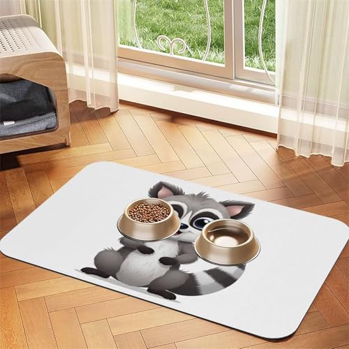 Haustier-Futtermatte mit niedlichem Waschbär-Design, saugfähig, für Futter und Wassernapf, PU-Leder, Katzenfuttermatte, wasserdicht, schnell trocknend, keine Flecken von FHEBNDS