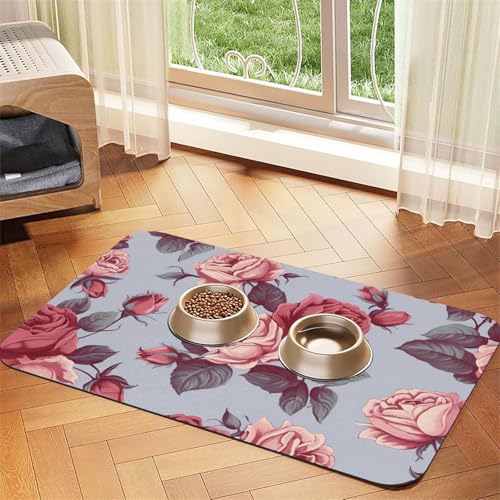 Haustier-Futtermatte mit roten Rosen, 40 x 60 cm, saugfähige Hundematte für Futter- und Wassernapf, PU-Leder, Katzenfuttermatte, wasserdicht, schnell trocknend, keine Flecken von FHEBNDS