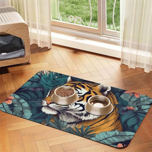 Haustier-Futtermatte mit tropischem Tiger, 40 x 60 cm, saugfähige Hundematte für Futter und Wassernapf, PU-Leder, Katzenfuttermatte, wasserdicht, schnell trocknend, Haustier-Tischsets, keine Flecken von FHEBNDS
