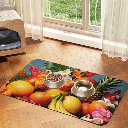 Haustier-Futtermatte mit tropischen Früchten und Blumen, 30 x 45 cm, saugfähige Hundematte für Futter- und Wassernapf, PU-Leder-Katzenfuttermatte, wasserdicht, schnell trocknend, keine Flecken von FHEBNDS