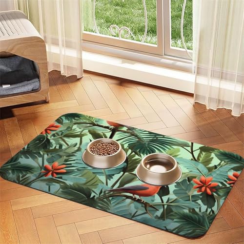 Haustier-Futtermatte mit tropischen Pflanzen, 40 x 60 cm, saugfähige Hundematte für Futter und Wassernapf, PU-Leder, Katzenfuttermatte, wasserdicht, schnell trocknend, Haustier-Tischsets, keine von FHEBNDS