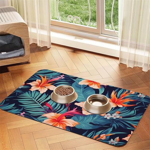 Haustier-Futtermatte mit tropischer Blume, 40 x 60 cm, saugfähige Hundematte für Futter und Wassernapf, PU-Leder, Katzenfuttermatte, wasserdicht, schnell trocknend, keine Flecken von FHEBNDS