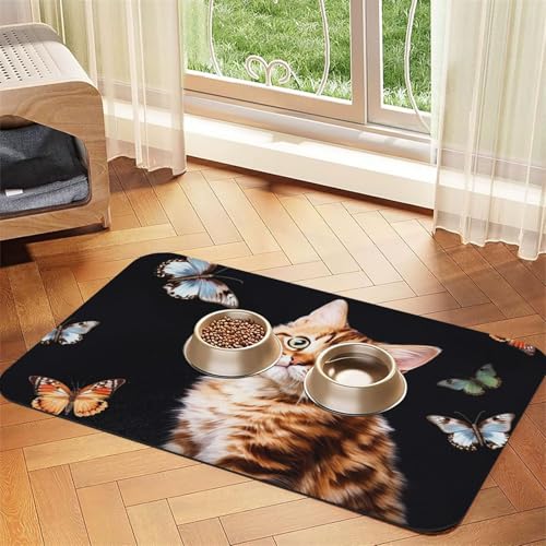 Katzen- und Schmetterling-Futtermatte, 30 x 45 cm, saugfähige Hundematte für Futter- und Wassernapf, PU-Leder, wasserdichte Hundenapf-Matten, schnell trocknend, Haustier-Tischsets, keine Flecken von FHEBNDS