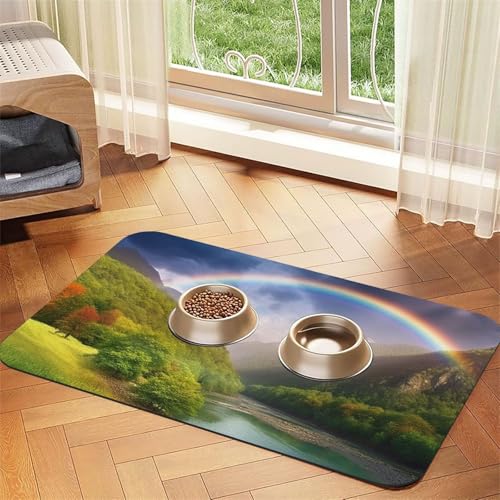 Mountain Valley mit Regenbogen-Haustier-Futtermatte, 30 x 45 cm, saugfähige Hundematte für Futter und Wassernapf, PU-Leder, Katzenfuttermatte, wasserdicht, schnell trocknend, Haustier-Platzsets, keine von FHEBNDS