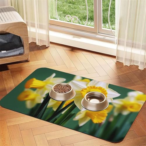 Narzissenblumen-Haustier-Futtermatte, 30 x 45 cm, saugfähige Hundematte für Futter- und Wassernapf, PU-Leder, Katzenfuttermatte, wasserdicht, schnell trocknend, Haustier-Platzsets, keine Flecken von FHEBNDS