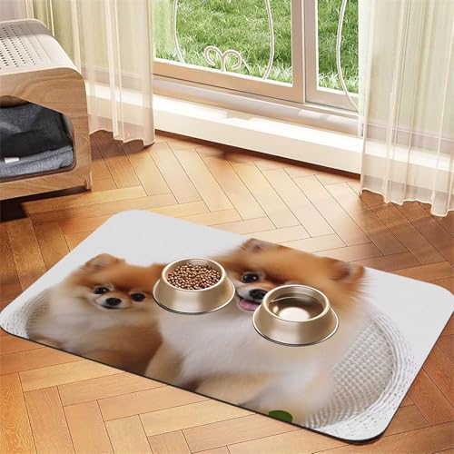 Niedliche Pomeranian Haustier-Futtermatte, 40 x 60 cm, saugfähige Hundematte für Futter- und Wassernapf, PU-Leder, Katzenfuttermatte, wasserdicht, schnell trocknend, Haustier-Platzsets, keine Flecken von FHEBNDS