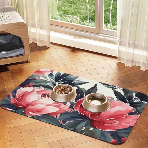 Peonies Spring Haustier-Futtermatte, 40 x 60 cm, saugfähige Hundematte für Futter und Wassernapf, PU-Leder, Katzenfuttermatte, wasserdicht, schnell trocknend, Haustier-Platzsets, keine Flecken von FHEBNDS