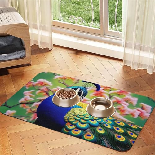 Pfauen-Futtermatte für Haustiere, 30 x 45 cm, saugfähige Hundematte für Futter und Wassernapf, PU-Leder, Katzenfuttermatte, wasserdicht, schnell trocknend, Haustier-Tischsets, keine Flecken von FHEBNDS