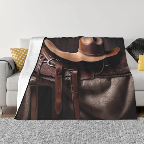 Pferdesattel mit Cowboyhut, wilde Decke und Überwürfen, ultraweiche Micro-Fleece-Überwurfdecke, leicht, Flanell, Klimaanlage, Decken, für alle Jahreszeiten, warme Plüsch-Bettdecken für Sofa, Couch von FHEBNDS