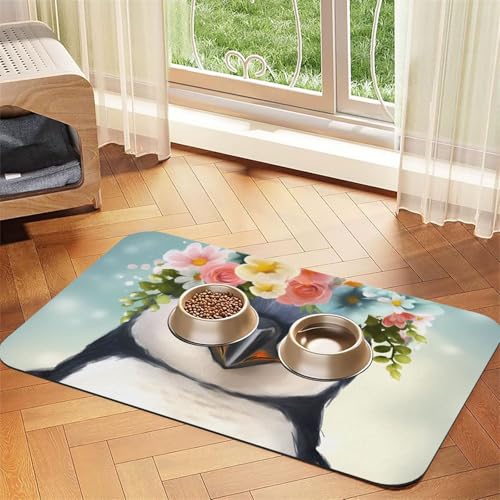 Pinguin trägt Blumen, Haustier-Futtermatte, 30 x 45 cm, saugfähige Hundematte für Futter und Wassernapf, PU-Leder, Katzenfuttermatte, wasserdicht, schnell trocknend, Haustier-Platzsets, keine Flecken von FHEBNDS