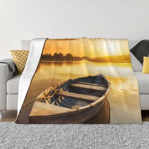 River Sunset Holz-Bootsdecke und -überwürfe, ultraweiche Micro-Fleece-Überwurfdecke, leicht, Flanell, Klimaanlage, Decken, für alle Jahreszeiten, warme Plüsch-Bettdecken für Sofa, Couch, 152,4 x 127 von FHEBNDS
