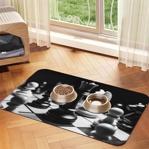 Schwarze und weiße Schach-Füttermatte, 40 x 60 cm, saugfähige Hundematte für Futter- und Wassernapf, PU-Leder, Katzenfuttermatte, wasserdicht, schnell trocknend, Haustier-Platzsets, keine Flecken von FHEBNDS