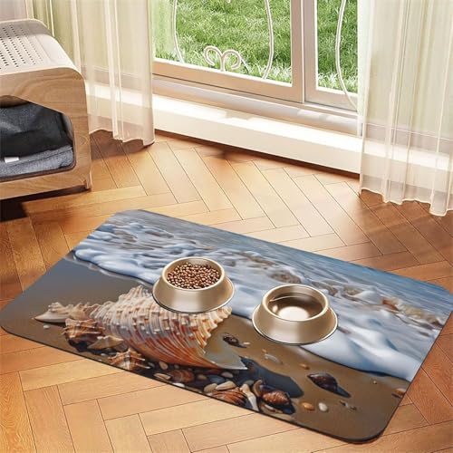 Sea and Shells Haustier-Futtermatte, 30 x 45 cm, saugfähige Hundematte für Futter und Wassernapf, PU-Leder, Katzenfuttermatte, wasserdicht, schnell trocknend, Haustier-Platzsets, keine Flecken von FHEBNDS