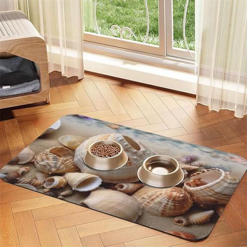 Seashells by The Seashore Haustier-Futtermatte, 30 x 45 cm, saugfähige Hundematte für Futter- und Wassernapf, PU-Leder, Katzenfuttermatte, wasserdicht, schnell trocknend, Haustier-Platzsets, keine von FHEBNDS