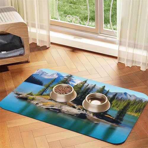 Spirit Island in Lake Haustier-Futtermatte, 40 x 60 cm, saugfähige Hundematte für Futter und Wassernapf, PU-Leder, Katzenfuttermatte, wasserdicht, schnell trocknend, Haustier-Platzsets, keine Flecken von FHEBNDS