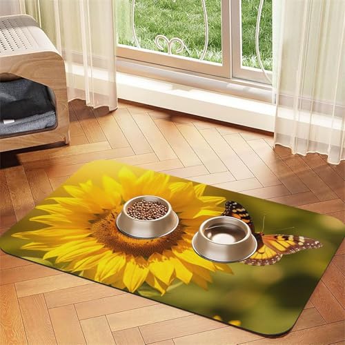 Sunflower Butterfly Sunny Haustier-Futtermatte, 40 x 60 cm, saugfähige Hundematte für Futter und Wassernapf, PU-Leder, Katzenfuttermatte, wasserdicht, schnell trocknend, Haustier-Platzsets, keine von FHEBNDS