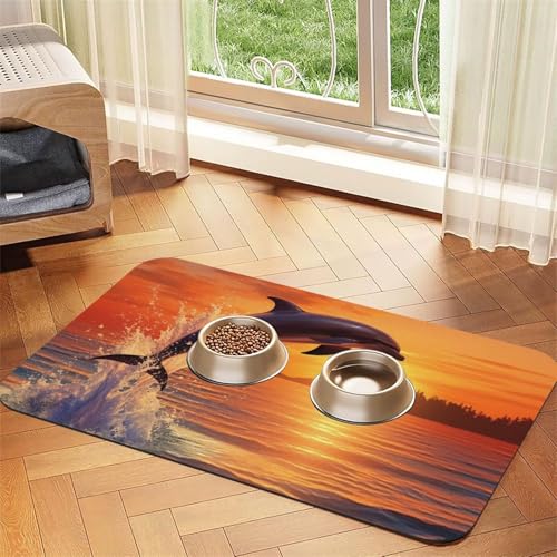 Sunset Delphin Pet Feeding Mat 30x45cm, Absorbent Dog Mat for Food and Water Bowl, PU Leather Cat Food Mat Waterproof Dog Bowl Mats Quick Dry Pet Placemats - No Stains von FHEBNDS