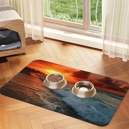 The Beach Sunset Haustier-Füttermatte, 30 x 45 cm, saugfähige Hundematte für Futter und Wassernapf, PU-Leder, Katzenfuttermatte, wasserdicht, schnell trocknend, Haustier-Platzsets, keine Flecken von FHEBNDS