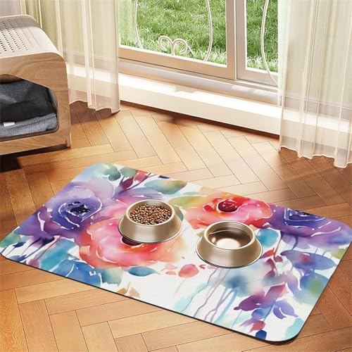 Wasserfarben-Blumenfuttermatte, 40 x 60 cm, saugfähige Hundematte für Futter- und Wassernapf, PU-Leder, Katzenfuttermatte, wasserdicht, schnell trocknend, Haustier-Platzsets, keine Flecken von FHEBNDS