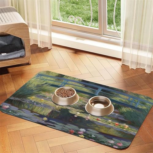 Wasserlilien-Teich-Füttermatte, 30 x 45 cm, saugfähige Hundematte für Futter und Wassernapf, PU-Leder, Katzenfuttermatte, wasserdicht, schnell trocknend, Haustier-Platzsets, keine Flecken von FHEBNDS
