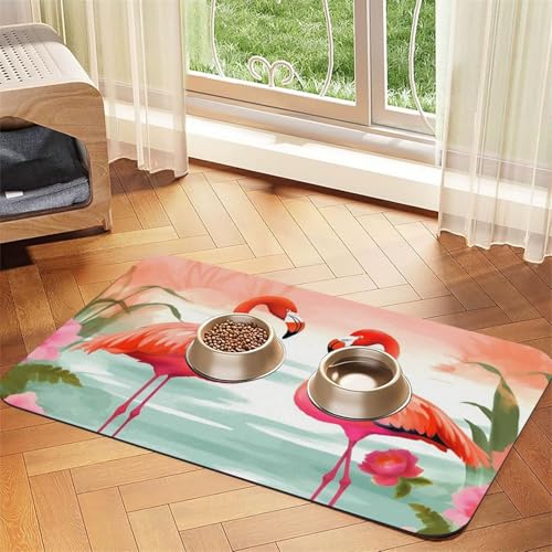 Zwei rote Flamingos Haustier-Futtermatte, 30 x 45 cm, saugfähige Hundematte für Futter und Wassernapf, PU-Leder, Katzenfuttermatte, wasserdicht, schnell trocknend, Haustier-Platzsets, keine Flecken von FHEBNDS