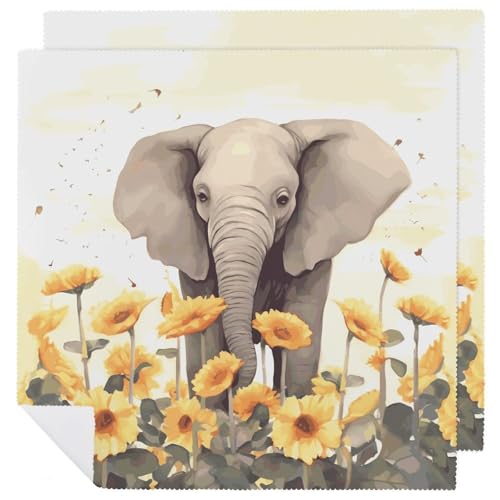 Stoffservietten, saugfähig, 2 Stück, waschbare Servietten, Elefant und Sonnenblume, dekorative Stoffserviette, Tischzubehör für Partys, Hochzeiten, Cocktails von FHECVBN