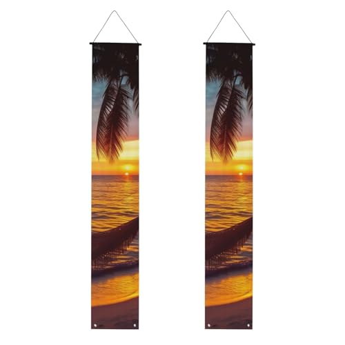 2 Stück Kokosnuss Strand Sonnenuntergang Hängematte Veranda Banner Haustür Schild Elegante Heimdekoration Hängende Flaggen Veranda Schild Willkommensbanner für Outdoor Indoor Urlaub Supplies 180 x 30 von FHEDVBN