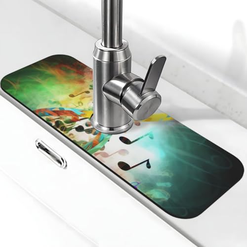 Abstraktes Musik-Symbol Wasserhahnmatte für Küchenspüle – 2025 Premium-Upgrade: Super saugfähiger Kieselgur-Schnelltrocknender Wasserhahn-Saugnapf, waschbar, Küchenspüle, Spritzschutz, 14 x 38 cm von FHEDVBN