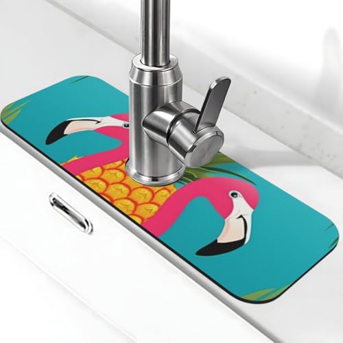 Ananas-Flamingo-Wasserhahnmatte für Küchenspüle, Premium-Upgrade: Super saugfähiger Kieselgur, schnell trocknend, Saugnapf, waschbar, Küchenspüle, Spritzschutz, 14 x 38 cm von FHEDVBN