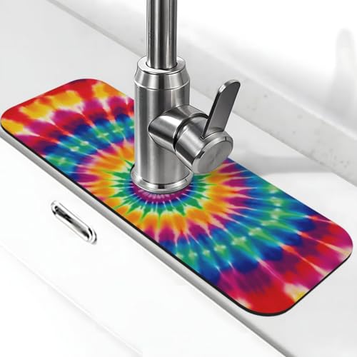 Batik-Muster Wasserhahnmatte für Küchenspüle – 2025 Premium-Upgrade: Super saugfähiger Kieselgur, schnell trocknender Wasserhahn-Saugnapf, waschbar, Küchenspüle, Spritzschutz, 14 x 38 cm von FHEDVBN