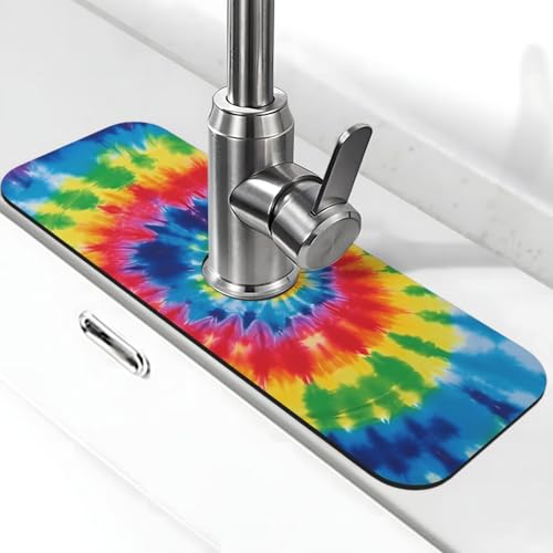 Batikfärbung Regenbogen Wasserhahnmatte für Küchenspüle – 2025 Premium-Upgrade: Super saugfähiger Kieselgur, schnell trocknender Wasserhahn-Saugnapf, waschbar, Küchenspüle, Spritzschutz, 14 x 38 cm von FHEDVBN