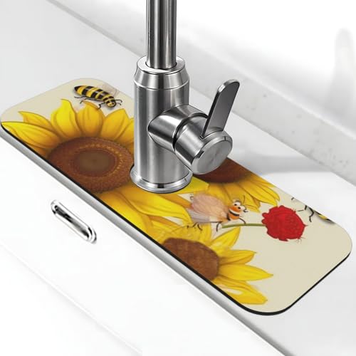 Bienen Sonnenblumen Gänseblümchen Rose Blumen Wasserhahn Matte für Küchenspüle – 2025 Premium-Upgrade: Super saugfähiger Kieselgur, schnell trocknender Wasserhahn, Saugnapf, waschbar, Küchenspüle von FHEDVBN