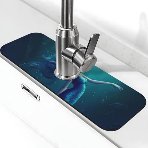Blaue Meerjungfrau-Wasserhahnmatte für Küchenspüle – 2025 Premium-Upgrade: Super saugfähiger Kieselgur-Schnelltrocknender Wasserhahn-Saugnapf, waschbar, Küchenspüle, Spritzschutz, 14 x 38 cm von FHEDVBN