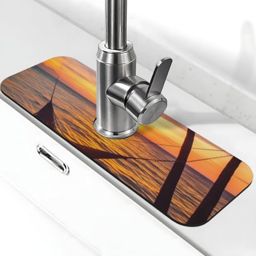 Coconut Beach Sonnenuntergang Hängematte Wasserhahn Matte für Küchenspüle – 2025 Premium-Upgrade: Super saugfähiger Kieselgur, schnell trocknender Wasserhahn, Saugnapf, waschbar, Küchenspüle von FHEDVBN