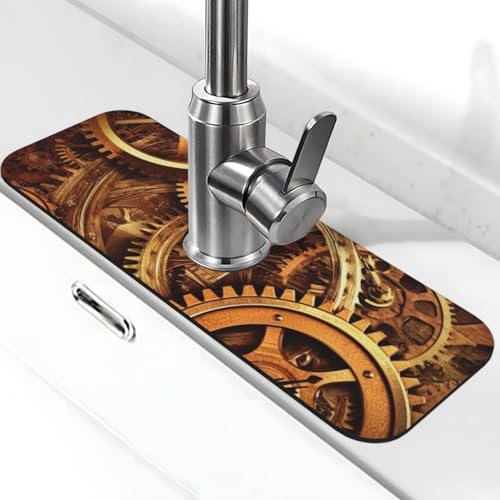 Coole Steampunk-Wasserhahnmatte für Küchenspüle – 2025 Premium-Upgrade: Super saugfähiger Kieselgur, schnell trocknender Wasserhahn-Saugnapf, waschbar, Küchenspüle, Spritzschutz, 14 x 38 cm von FHEDVBN