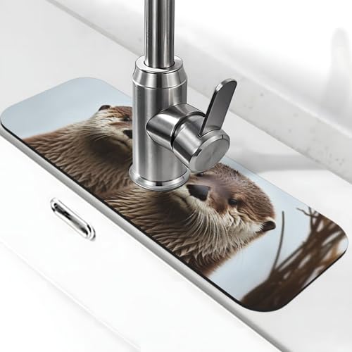Cute Otter Wasserhahnmatte für Küchenspüle – 2025 Premium-Upgrade: Super saugfähiger Kieselgur-Schnelltrocknender Wasserhahn-Saugnapf, waschbar, Küchenspüle, Spritzschutz, 14 x 38 cm von FHEDVBN