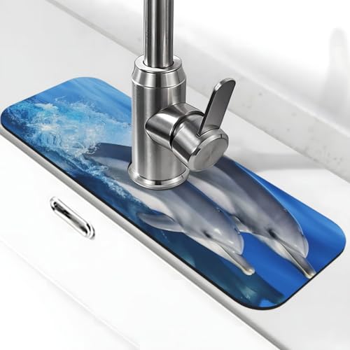 Delphin Family Wasserhahnmatte für Küchenspüle – 2025 Premium-Upgrade: Super saugfähiger Kieselgur, schnell trocknender Wasserhahn-Saugnapf, waschbar, Küchenspüle, Spritzschutz, 14 x 38 cm von FHEDVBN