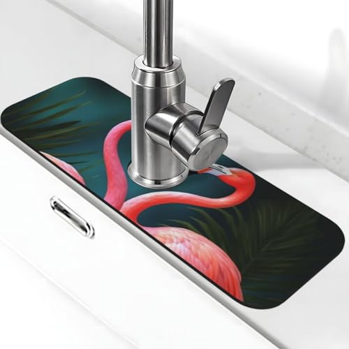 Flamingo-Blumen-Wasserhahnmatte für Küchenspüle, Premium-Upgrade: Super saugfähiger Kieselgur, schnell trocknend, Saugnapf, waschbar, Küchenspüle, Spritzschutz, 14 x 38 cm von FHEDVBN