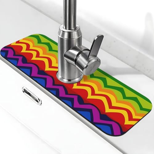 Gay Pride Wasserhahnmatte für Küchenspüle mit Regenbogen-Muster, Premium-Upgrade: Super saugfähiger Kieselgur, schnell trocknend, Saugnapf, waschbar, Küchenspüle, Spritzschutz, 14 x 38 cm von FHEDVBN
