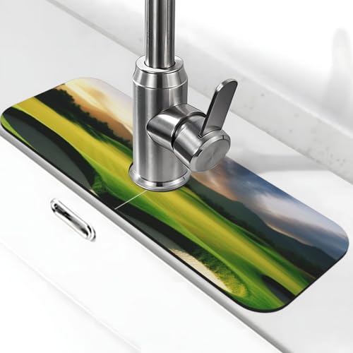 Golfplatz-Wasserhahnmatte für Küchenspüle – 2025 Premium-Upgrade: Super saugfähiger Kieselgur-Schnelltrocknender Wasserhahn-Saugnapf, waschbar, Küchenspüle, Spritzschutz, 14 x 38 cm von FHEDVBN